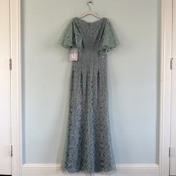 NWT JS Collections Sequin V-Neck Cape Gown Metallic Lace Light Blue Formal Dress - Picture 4 of 8